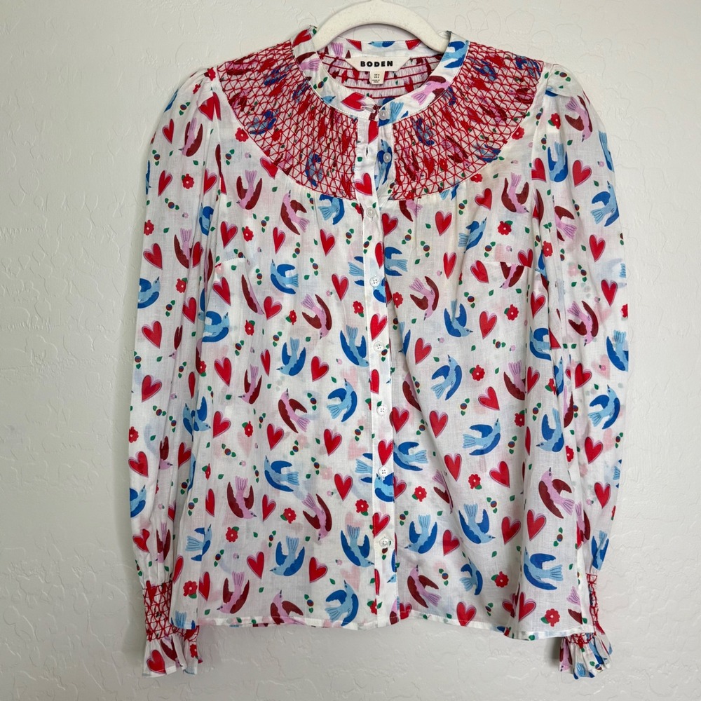 Boden Womens Cotton Blouse 2 White Whimsical Smocked Heart Bird Print Preppy